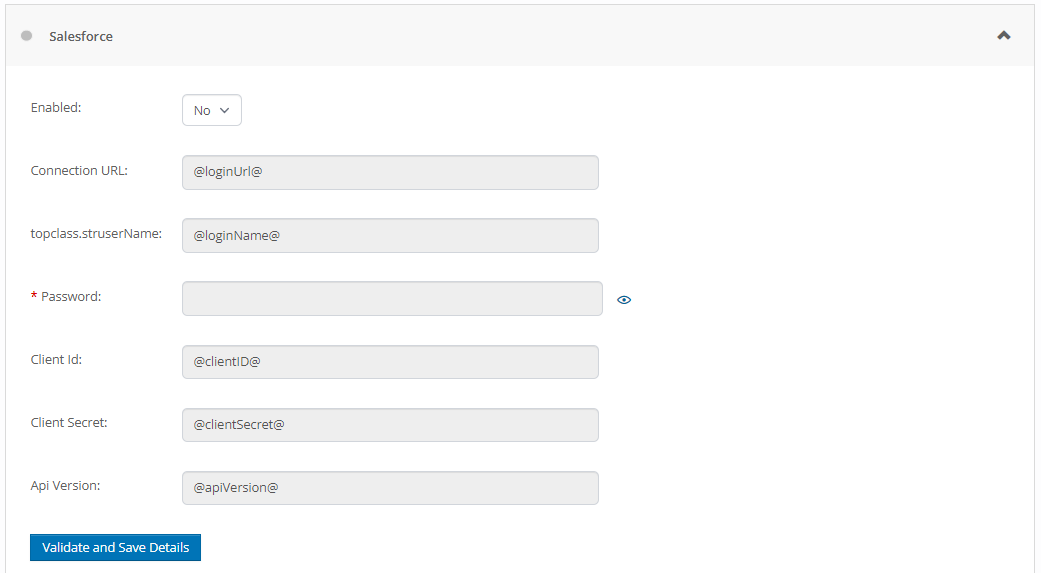 A screenshot illustrating how the Salesforce LMS integration with TopClass is configured. A screenshot illustrating how the Salesforce LMS integration with TopClass is configured.